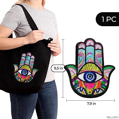 Reluen Evil Eye Iron On Patch Large Sequin Hamsa Hand Embroidered Badge 22cm (8.7in) x 19.5cm (7.7in) thumbnail 2