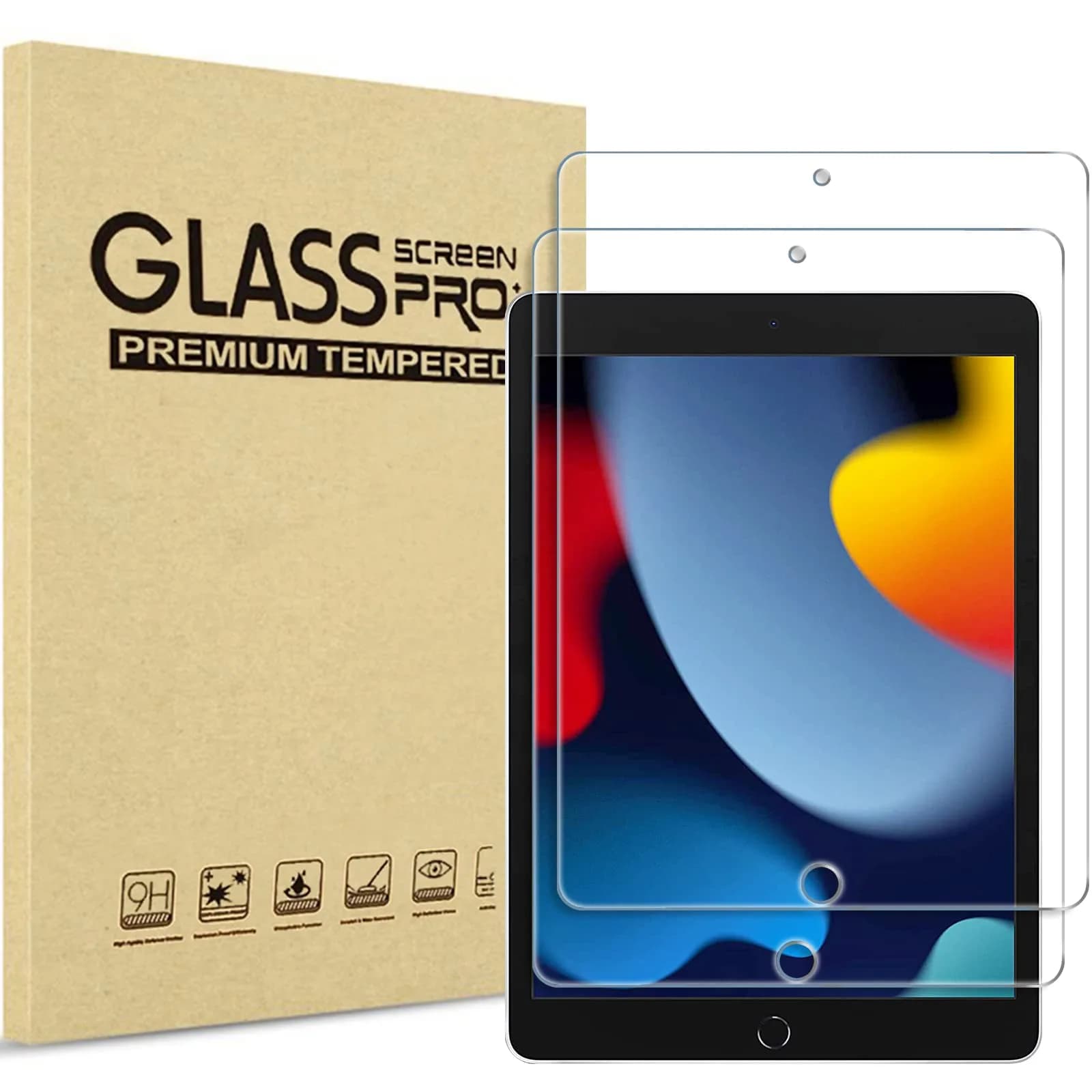 ProCase 2 Pack Screen Protector for iPad 10.2 Inch (9th/8th/7th Gen) - 25mm (0.98 Inch) | 9H Hardness Tempered Glass, Ultra Clear, Scratch Resistant, Bubble Free Install