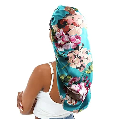 Sent Hair Extra Long Satin Bonnet Sleep Cap for Women, Double Layer Silky Hair - Soft Elastic Band, Green Floral | Protects Long Hair thumbnail 1