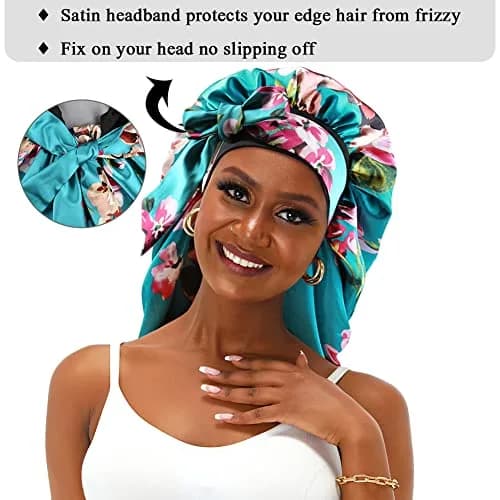 Sent Hair Extra Long Satin Bonnet Sleep Cap for Women, Double Layer Silky Hair - Soft Elastic Band, Green Floral | Protects Long Hair thumbnail 6