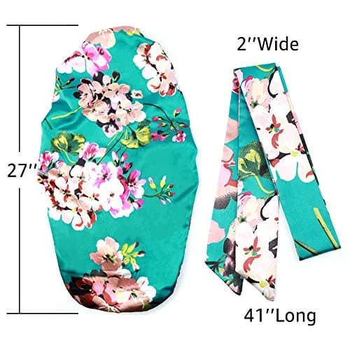 Sent Hair Extra Long Satin Bonnet Sleep Cap for Women, Double Layer Silky Hair - Soft Elastic Band, Green Floral | Protects Long Hair thumbnail 2