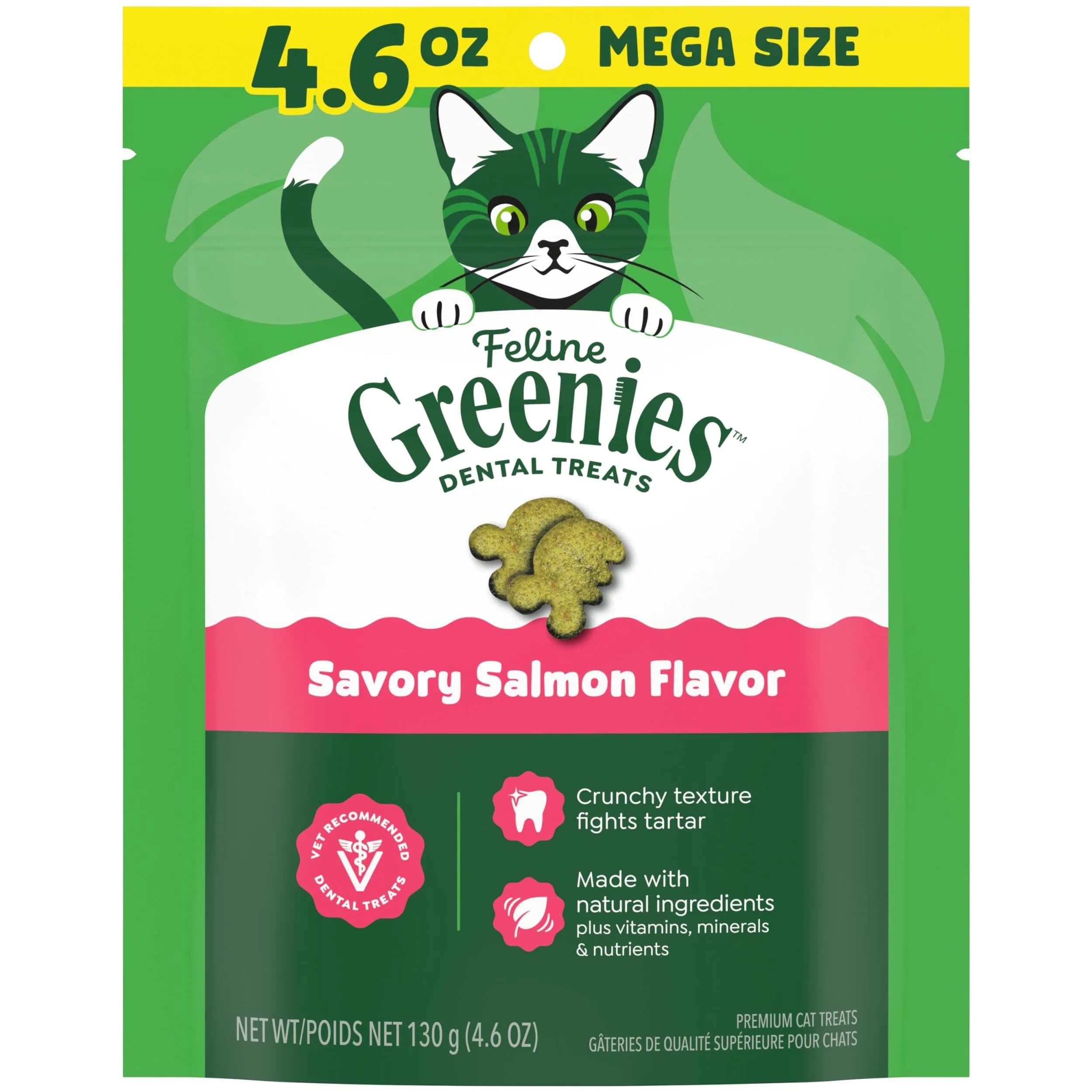 Greenies Feline Natural Crunchy Dental Cat Treats Salmon Flavor 21 oz (595 g) | Vet-Recommended Oral Care — Salmon / 4.6 Ounce