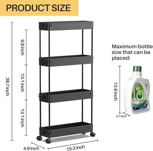 SPACEKEEPER Slim Rolling Storage Cart, 4 Tier Bathroom Cart Organizer, Black | Space-saving, Durable Plastic Design thumbnail 4