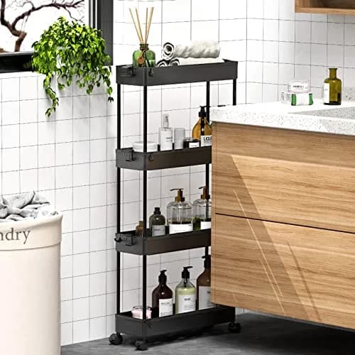 SPACEKEEPER Slim Rolling Storage Cart, 4 Tier Bathroom Cart Organizer, Black | Space-saving, Durable Plastic Design thumbnail 5