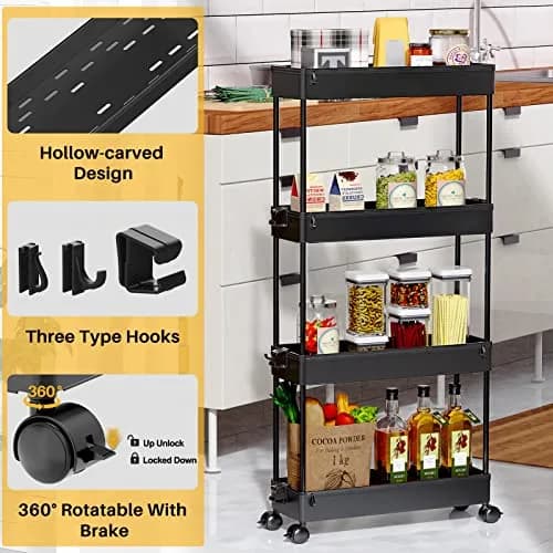 SPACEKEEPER Slim Rolling Storage Cart, 4 Tier Bathroom Cart Organizer, Black | Space-saving, Durable Plastic Design thumbnail 3