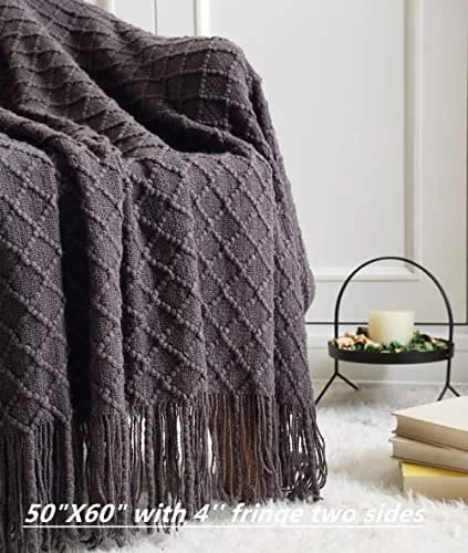 CREVENT Knitted Decorative Throw Blanket for Couch Sofa Chair Bed, Soft Breathable Lightweight for Spring Summer 127cm x 152cm (50''X60'') Dark Grey/Black | Elegant Geometric Pattern with Tassels thumbnail 2