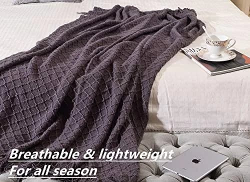 CREVENT Knitted Decorative Throw Blanket for Couch Sofa Chair Bed, Soft Breathable Lightweight for Spring Summer 127cm x 152cm (50''X60'') Dark Grey/Black | Elegant Geometric Pattern with Tassels thumbnail 3
