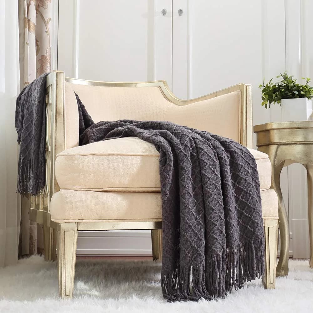 CREVENT Knitted Decorative Throw Blanket for Couch Sofa Chair Bed, Soft Breathable Lightweight for Spring Summer 127cm x 152cm (50''X60'') Dark Grey/Black | Elegant Geometric Pattern with Tassels - main product image
