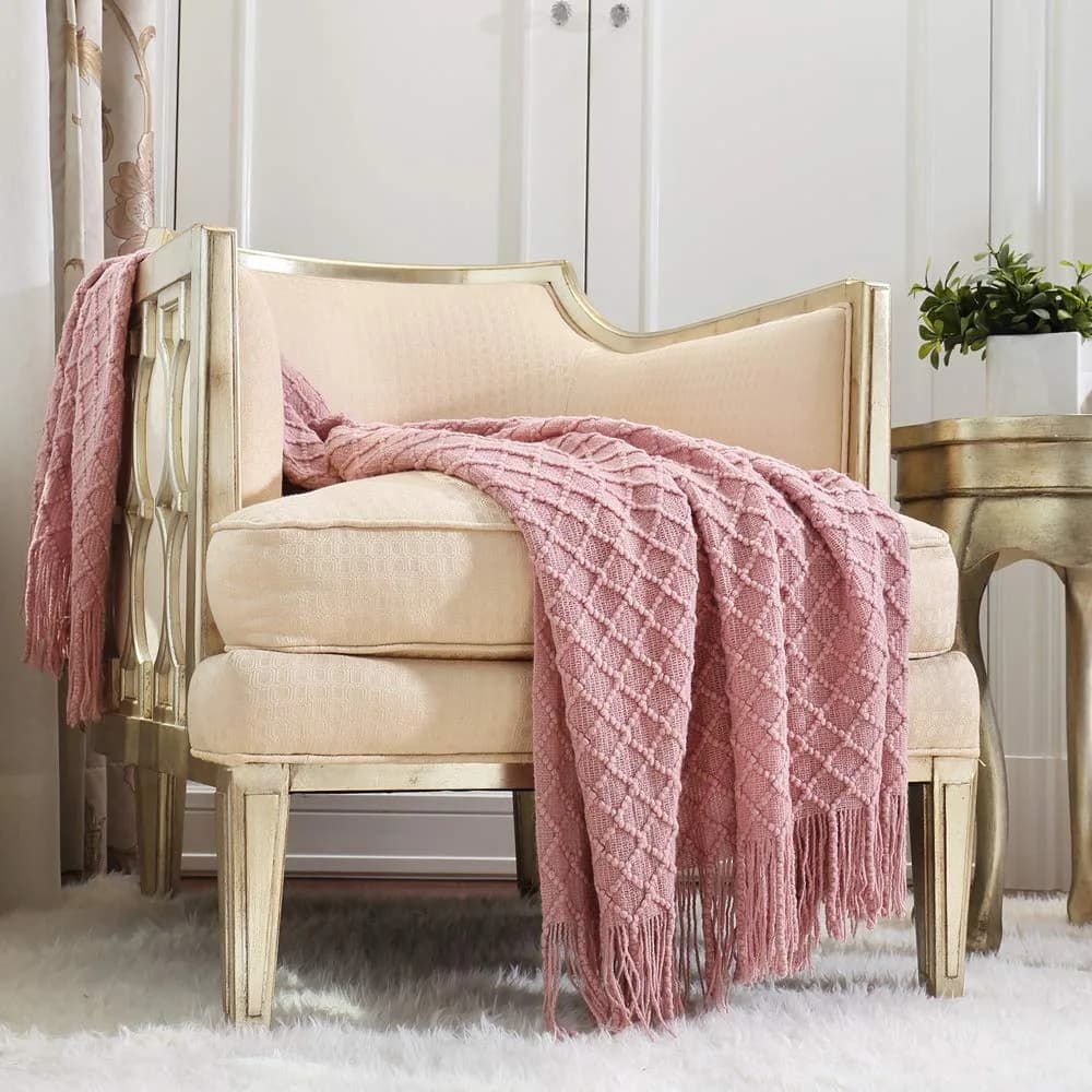 CREVENT Light Blush Pink Knit Throw Blanket 127cm x 152cm | Soft Bohemian Crochet with Tassels — Plum Pink