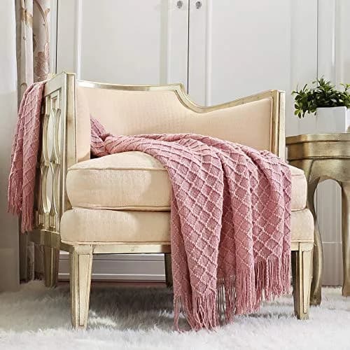 CREVENT Light Blush Pink Knit Throw Blanket 127cm x 152cm | Soft Bohemian Crochet with Tassels thumbnail 1