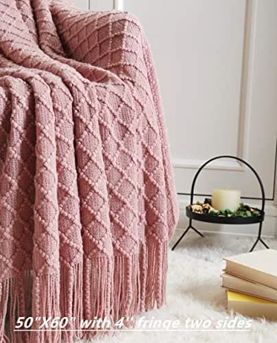 CREVENT Light Blush Pink Knit Throw Blanket 127cm x 152cm | Soft Bohemian Crochet with Tassels thumbnail 2