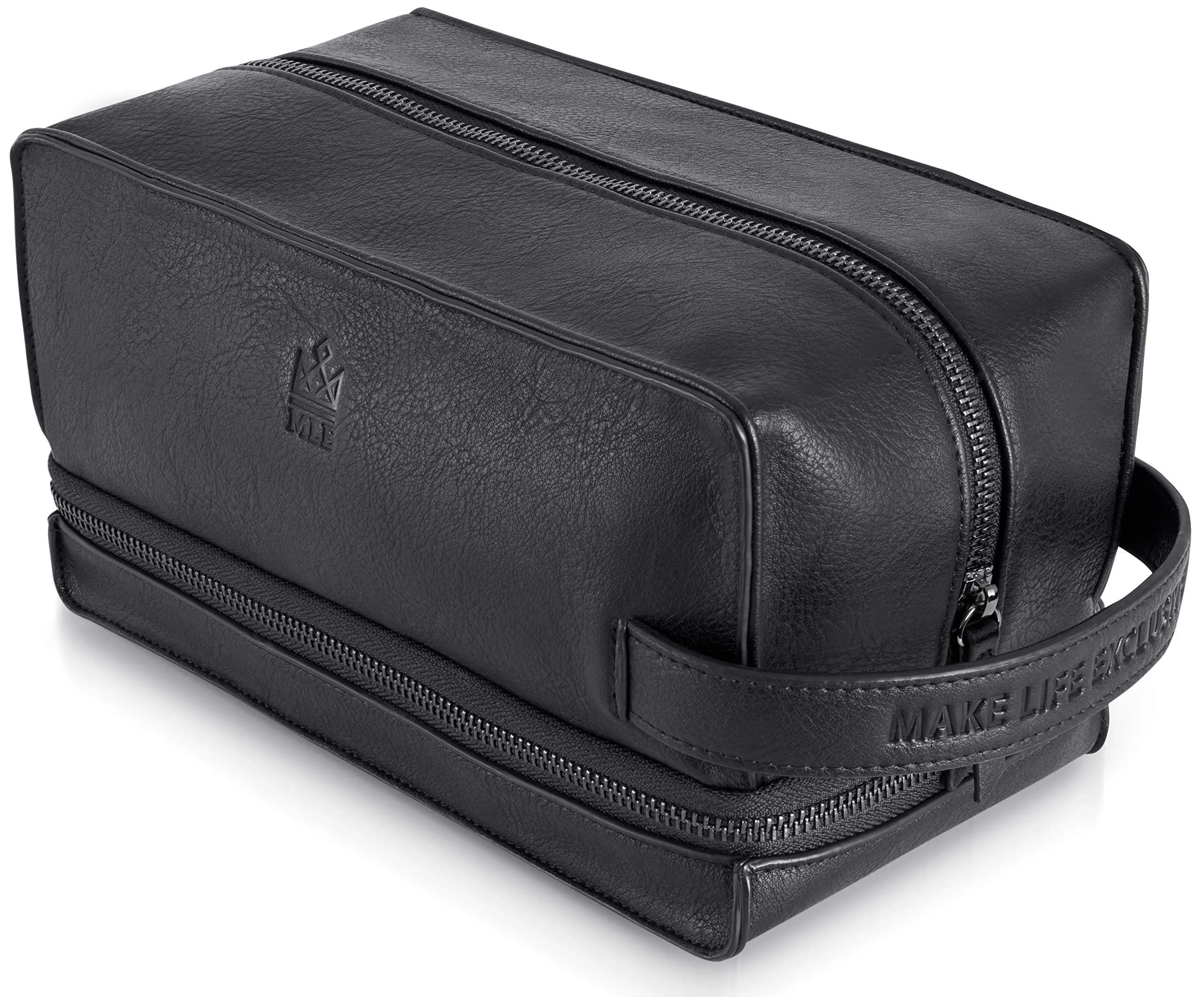 MAKE LIFE EXCLUSIVE Men's Leather Toiletry Bag, Travel Dopp Kit, Shave Kit | Waterproof, 2-Compartment, Stylish — Midnight Black