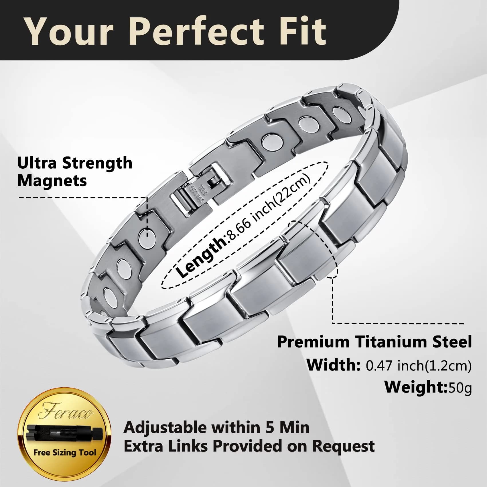 Feraco Magnetic Bracelet Titanium Steel 22cm (8.66 inch) | 18 Neodymium Magnets - view 2