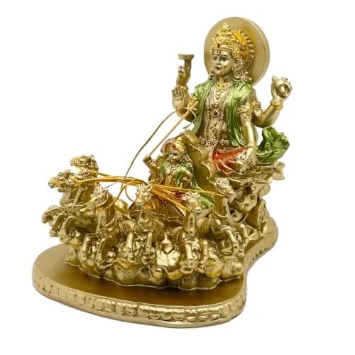 alikiki Lord Surya Statue - Antique Gold Polystone 19.05cm (7.5") | Hand-Painted Hindu God Idol thumbnail 1