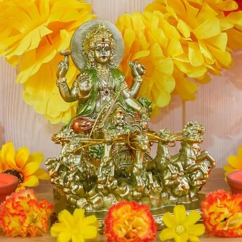 alikiki Lord Surya Statue - Antique Gold Polystone 19.05cm (7.5") | Hand-Painted Hindu God Idol thumbnail 4