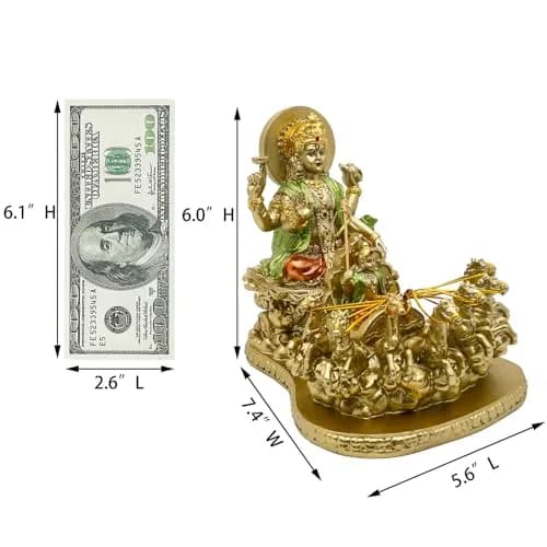 alikiki Lord Surya Statue - Antique Gold Polystone 19.05cm (7.5") | Hand-Painted Hindu God Idol thumbnail 6