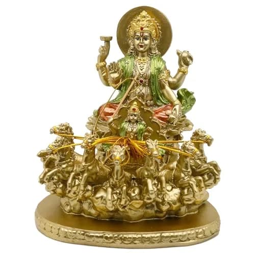 alikiki Lord Surya Statue - Antique Gold Polystone 19.05cm (7.5") | Hand-Painted Hindu God Idol thumbnail 7