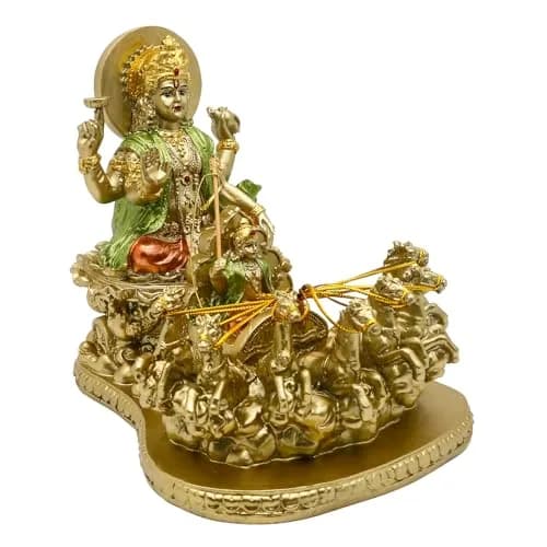 alikiki Lord Surya Statue - Antique Gold Polystone 19.05cm (7.5") | Hand-Painted Hindu God Idol thumbnail 8