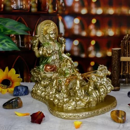 alikiki Lord Surya Statue - Antique Gold Polystone 19.05cm (7.5") | Hand-Painted Hindu God Idol thumbnail 3