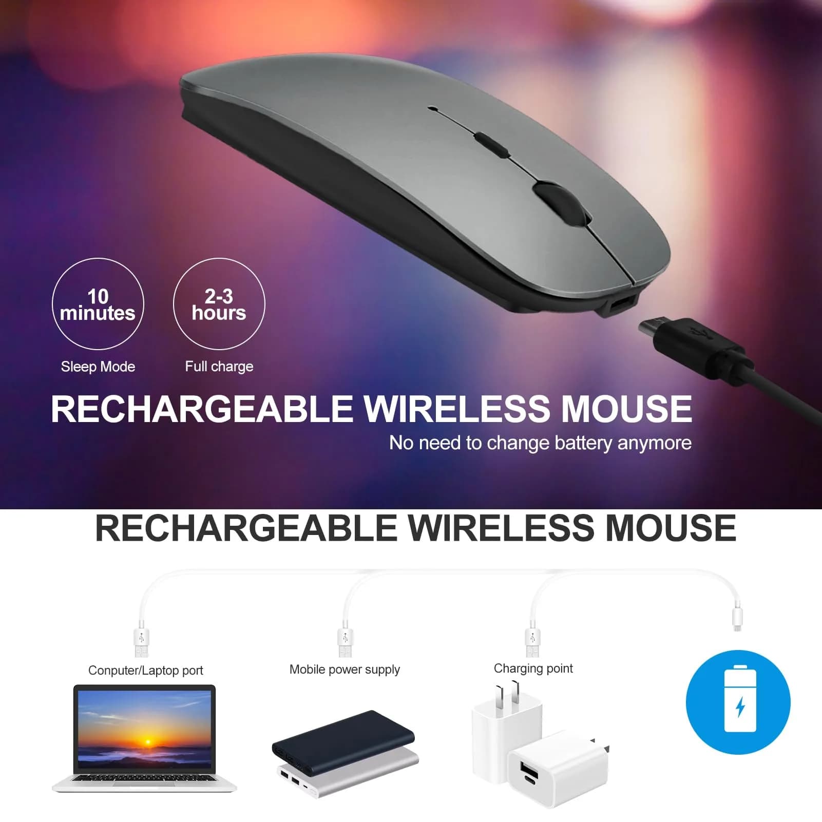 KLO Rechargeable Wireless Mouse - Bluetooth 5.2/3.0, Type-C, 2.4G USB Receiver - Silent Optical Mouse for Mac, Windows, Laptop (Grey, 1-Pack) - view 4