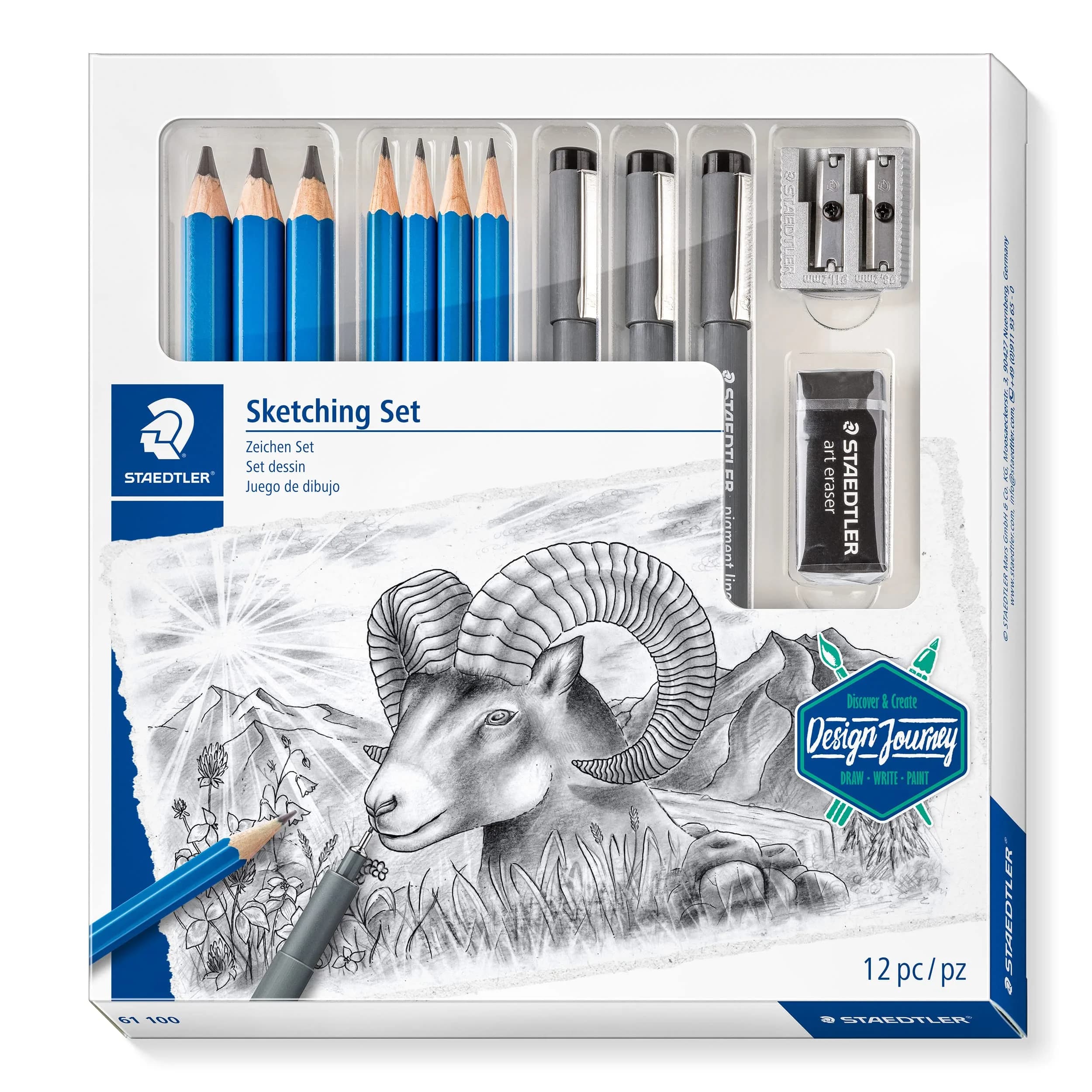 Staedtler Mars Lumograph Art Set | Drawing Kit with Pencils, Pens, Eraser & Sharpener (12 Piece) for Artists & Students — grey