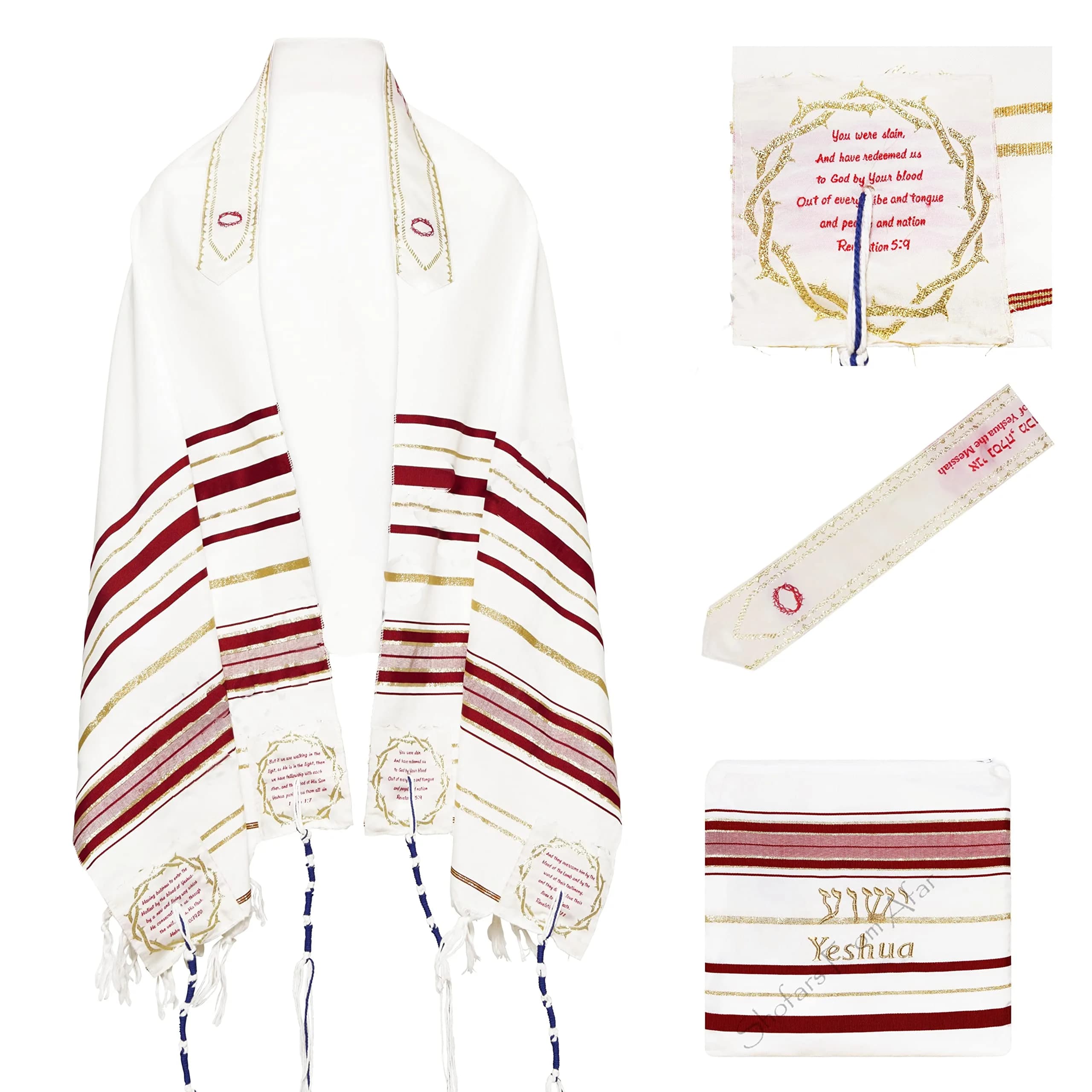 Shofars From Afar The Blood of Yeshua Jesus Red Tallit Prayer Shawl with Matching Yeshua Tallit Zipper Bag | Faithful Red & Gold Design (72x22 inches) — Red Gold Stripes