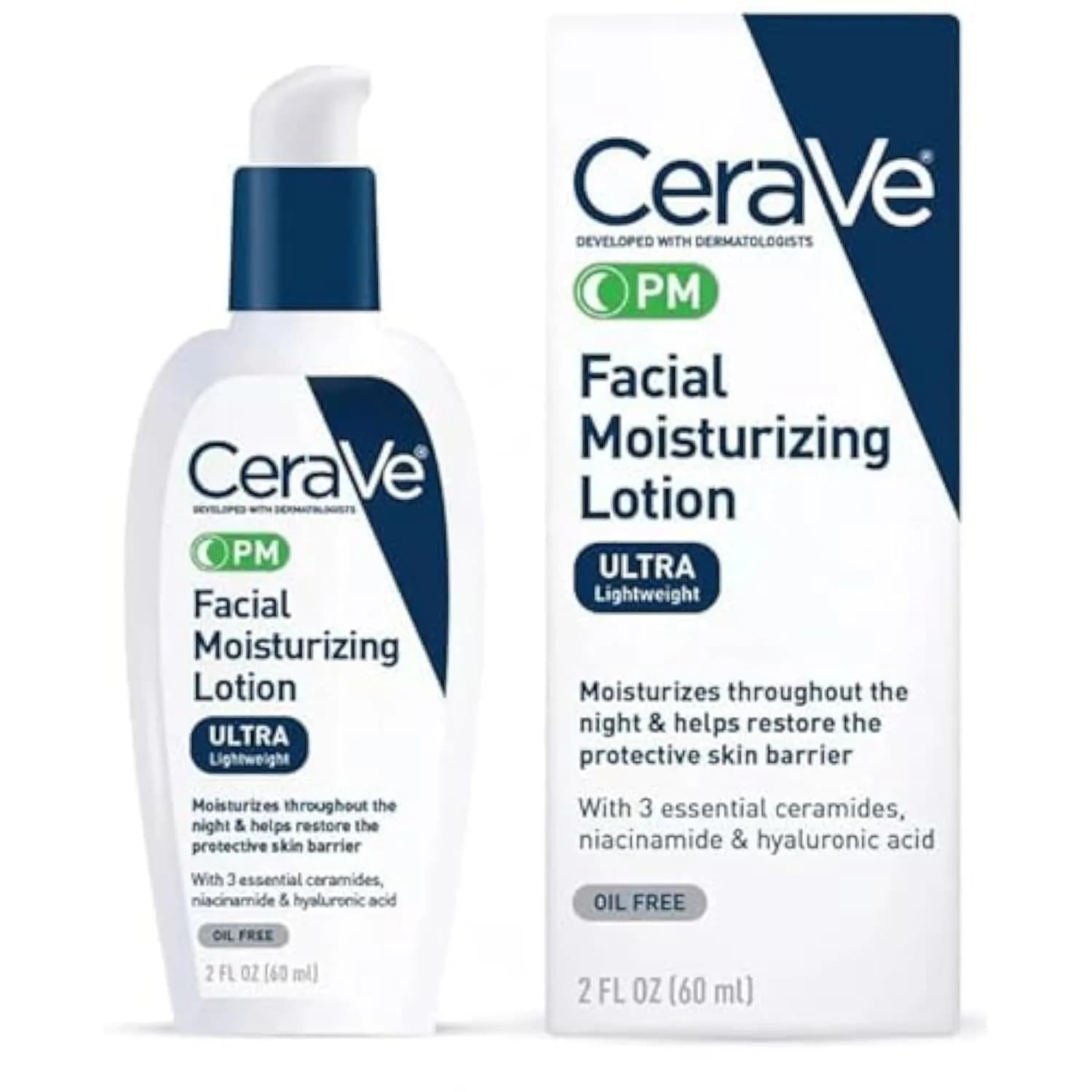 CeraVe PM Facial Moisturizing Lotion Lightweight Night Cream for Normal to Dry Skin, 3 oz (87ml) | MVE Technology for All Night Hydration - main product image