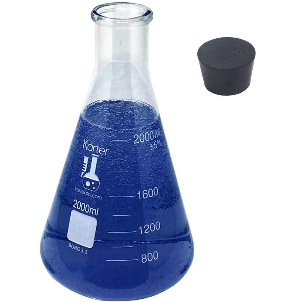 Karter Scientific 2000ml Narrow Mouth Erlenmeyer Flask with Rubber Stopper | 3.3 Borosilicate Glass, Heavy Duty (Single) - main product image