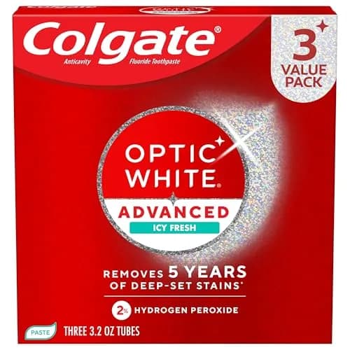 Colgate Optic White Advanced Hydrogen Peroxide Toothpaste 3.2 oz (9.6 oz Total) | Clinically Proven Whitening — 9.6 Ounce