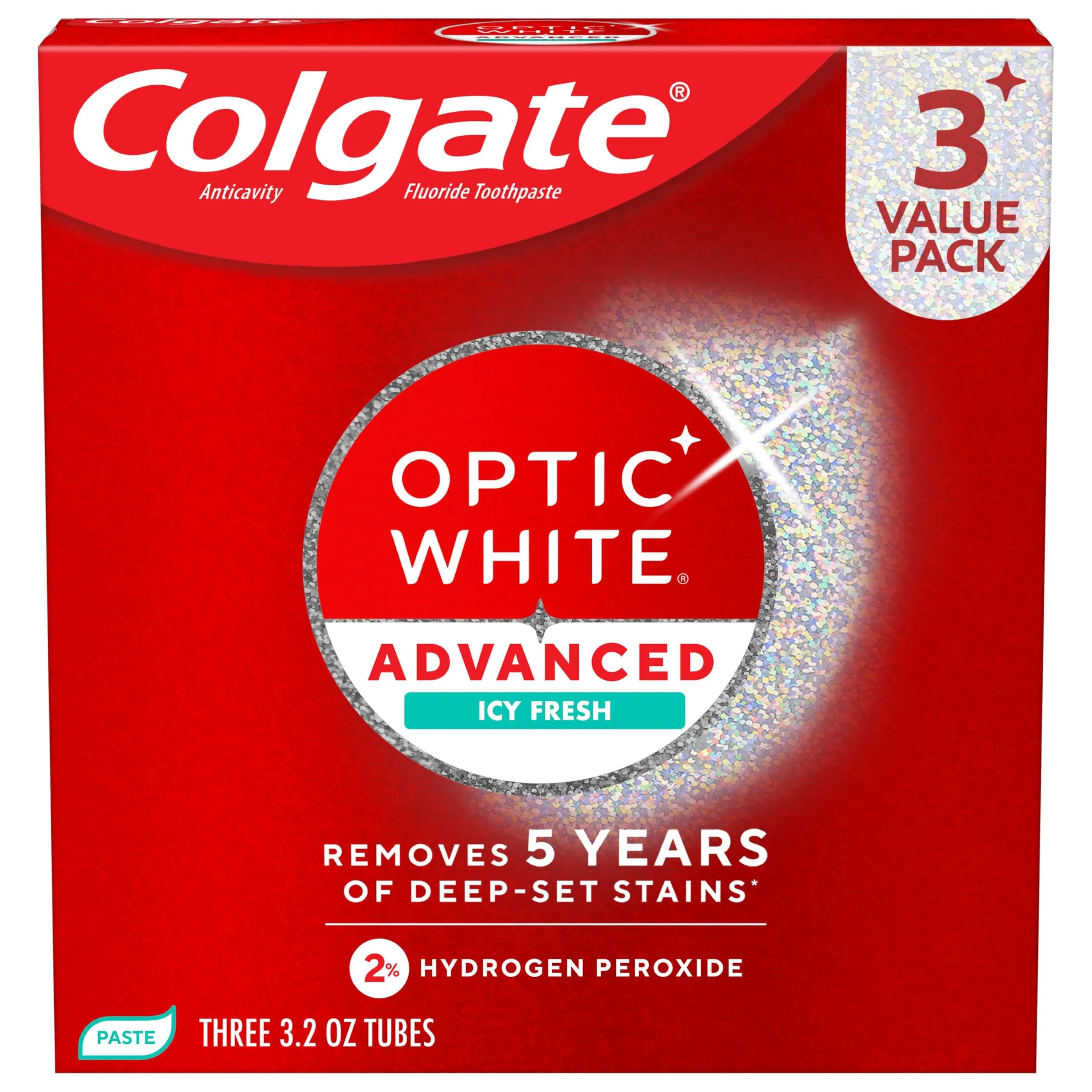 Colgate Optic White Advanced Hydrogen Peroxide Toothpaste 3.2 oz (9.6 oz Total) | Clinically Proven Whitening - main product image
