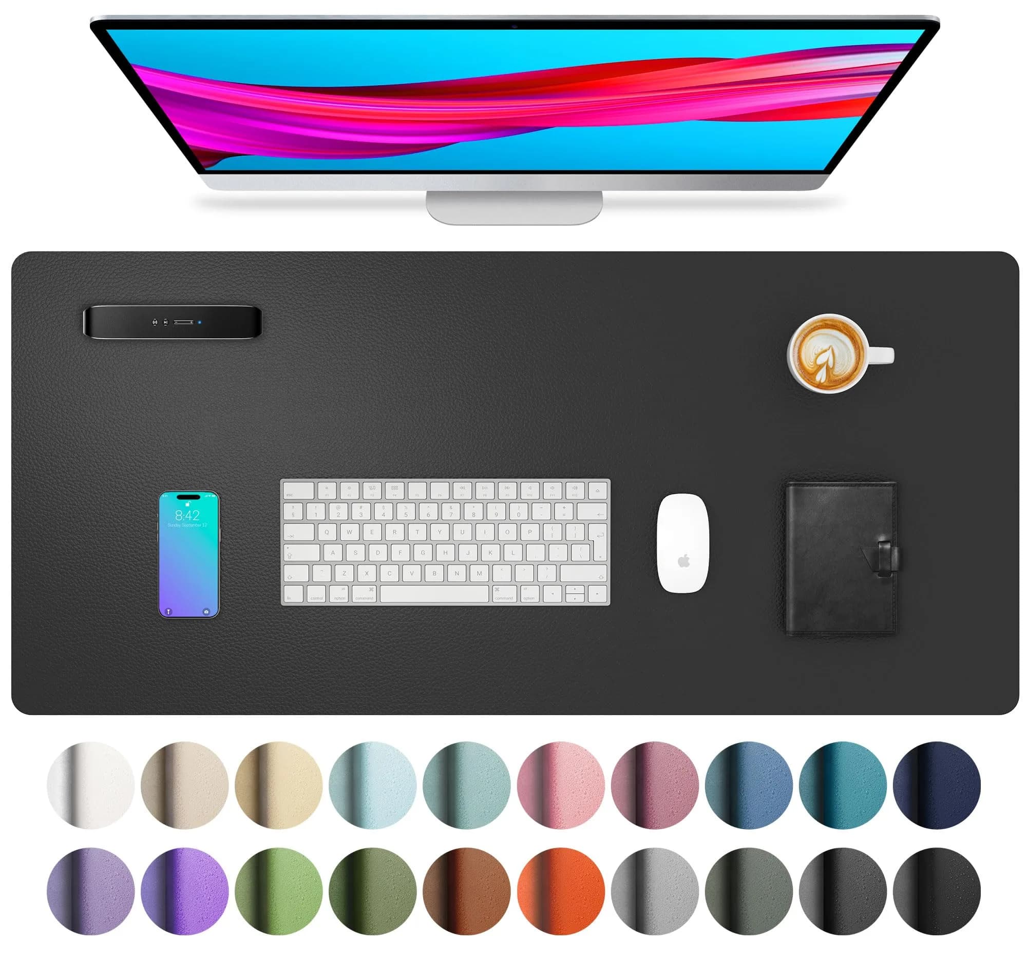 Aothia Faux Leather Desk Mat Large Mouse Pad with Non-Slip PU Leather Blotter, Waterproof Writing Surface for Office and Home (Lavender, 40" x 24") — 31.5" x 15.7" / Black