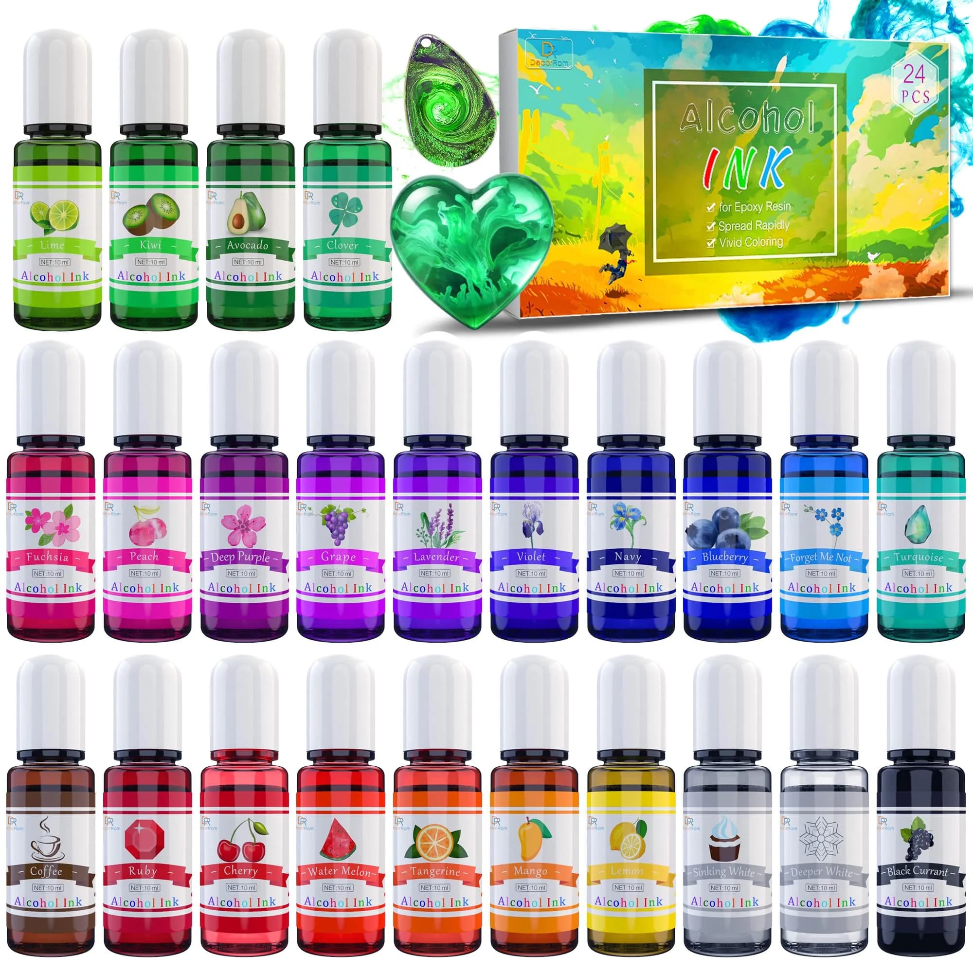 DecorRom Alcohol Ink Set 24 Colors 10ml Bottles | Vibrant Transparent Inks for Resin Art