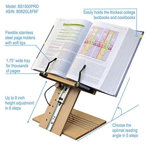 A+ BOOK STAND BS1500PRO Large Portable Height Adjustable Foldable Eye-Level Ergonomic Bookstand Holder with Page Holders | 30 cm (11.81 in) Length thumbnail 2