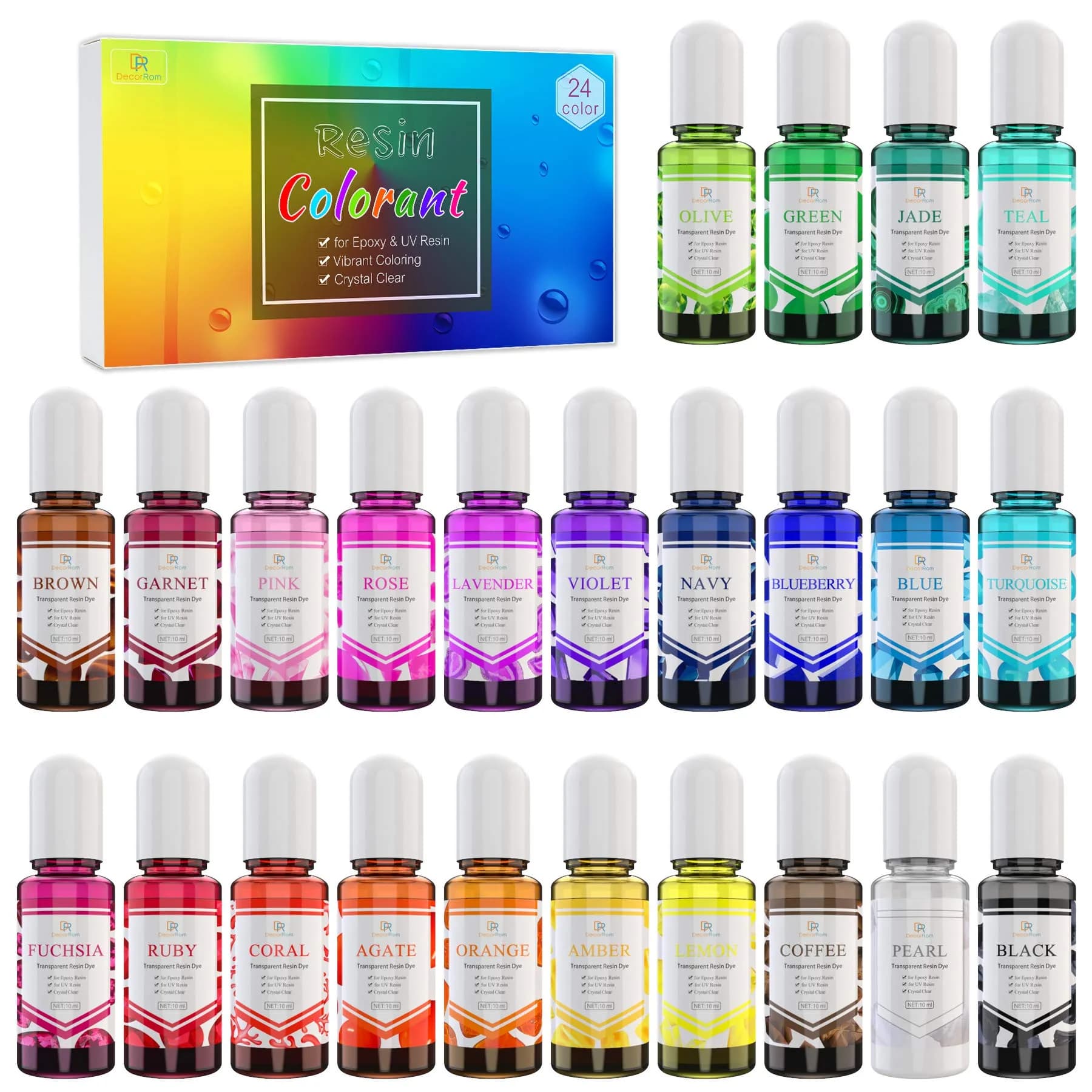 DecorRom 24 Color Epoxy Pigment Set 10ml Each | Crystal Transparent Dye for Resin Art & Jewelry Making — 0.35 Fl Oz