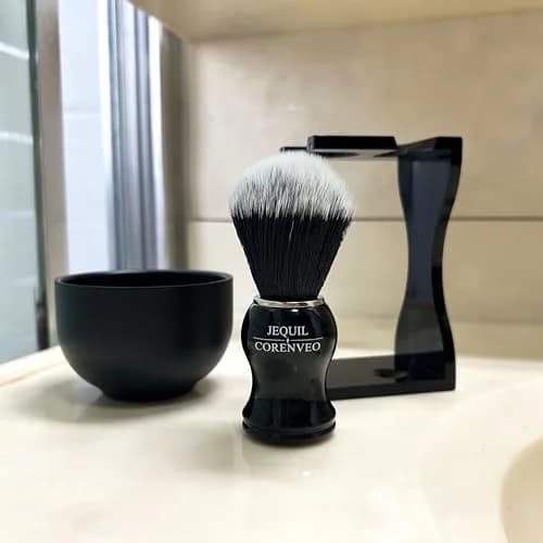 JEQUIL&CORENVEO Men's Shaving Brush Set, 3pcs Synthetic with Stand & Bowl | Soft, Animal-Free Bristles thumbnail 2