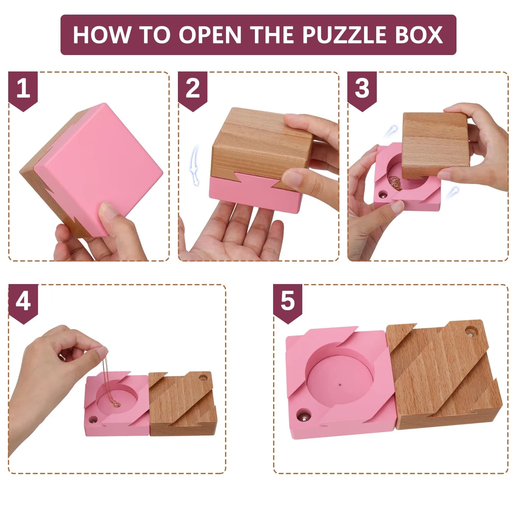 DC-BEAUTIFUL Wooden Magic Box Brain Teaser Box, Pink 7.4 cm (2.9 in) | Challenging Puzzle for Adults & Teens - view 4