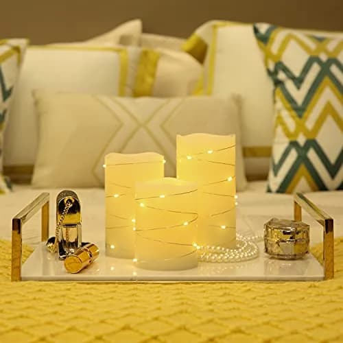 H-BLOSSOM Flickering Flameless Candles Set of 3 (3" x 4"/5"/6") Ivory Real Wax Pillar with Embedded String Lights thumbnail 4