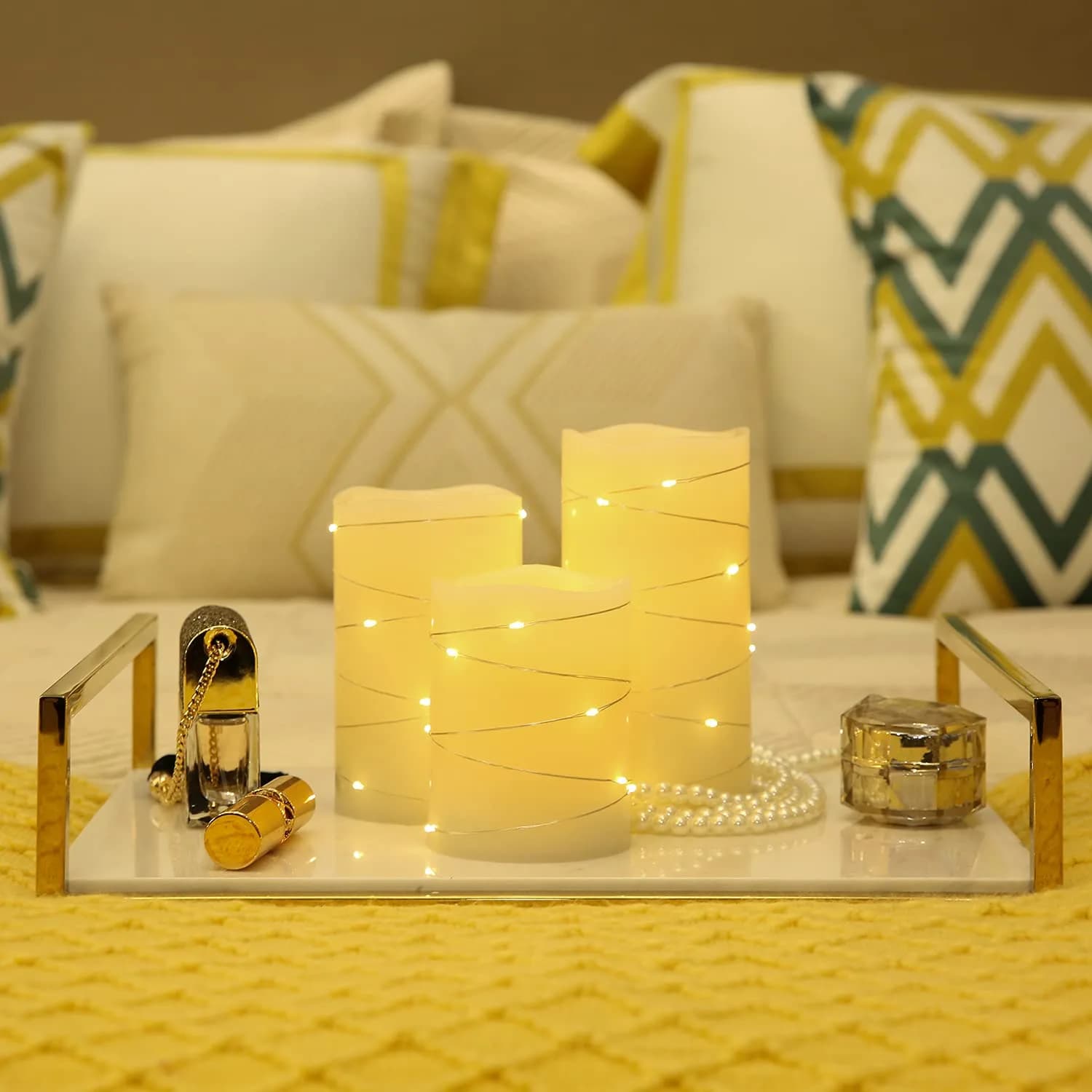 H-BLOSSOM Flickering Flameless Candles Set of 3 (3" x 4"/5"/6") Ivory Real Wax Pillar with Embedded String Lights - view 4