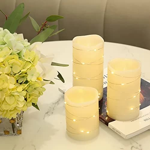 H-BLOSSOM Flickering Flameless Candles Set of 3 (3" x 4"/5"/6") Ivory Real Wax Pillar with Embedded String Lights thumbnail 5