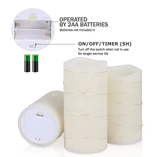H-BLOSSOM Flickering Flameless Candles Set of 3 (3" x 4"/5"/6") Ivory Real Wax Pillar with Embedded String Lights thumbnail 7