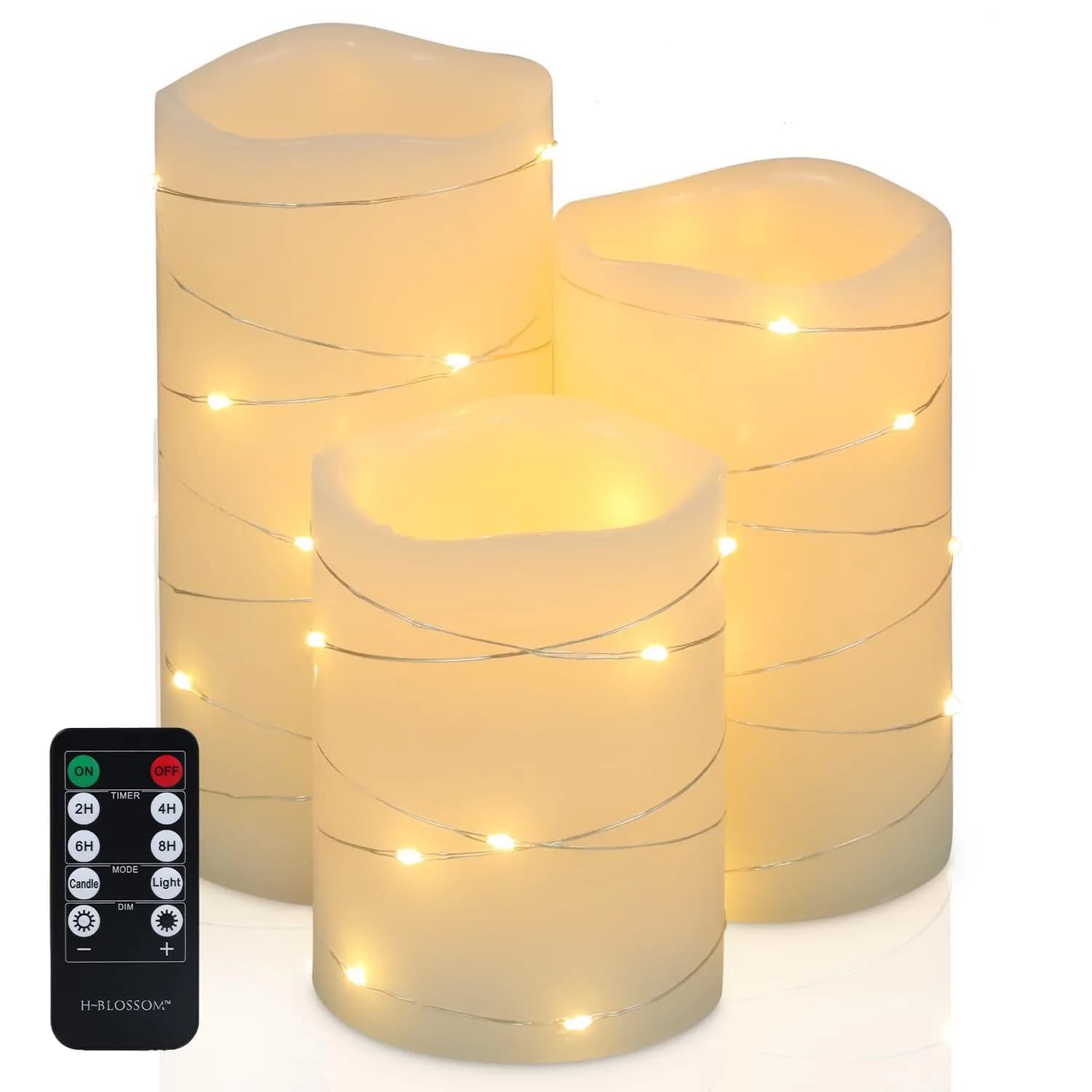 H-BLOSSOM Flickering Flameless Candles Set of 3 (3" x 4"/5"/6") Ivory Real Wax Pillar with Embedded String Lights - main product image