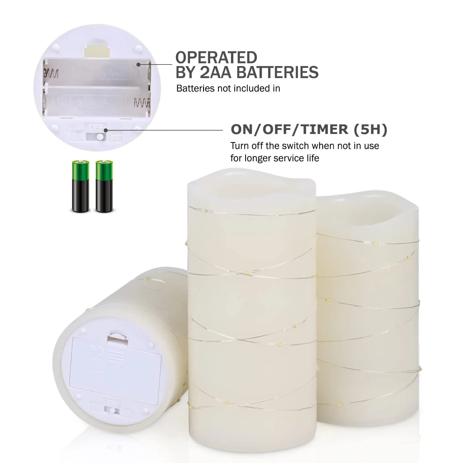 H-BLOSSOM Flickering Flameless Candles Set of 3 (3" x 4"/5"/6") Ivory Real Wax Pillar with Embedded String Lights - view 7