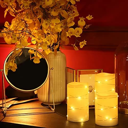 H-BLOSSOM Flickering Flameless Candles Set of 3 (3" x 4"/5"/6") Ivory Real Wax Pillar with Embedded String Lights thumbnail 2