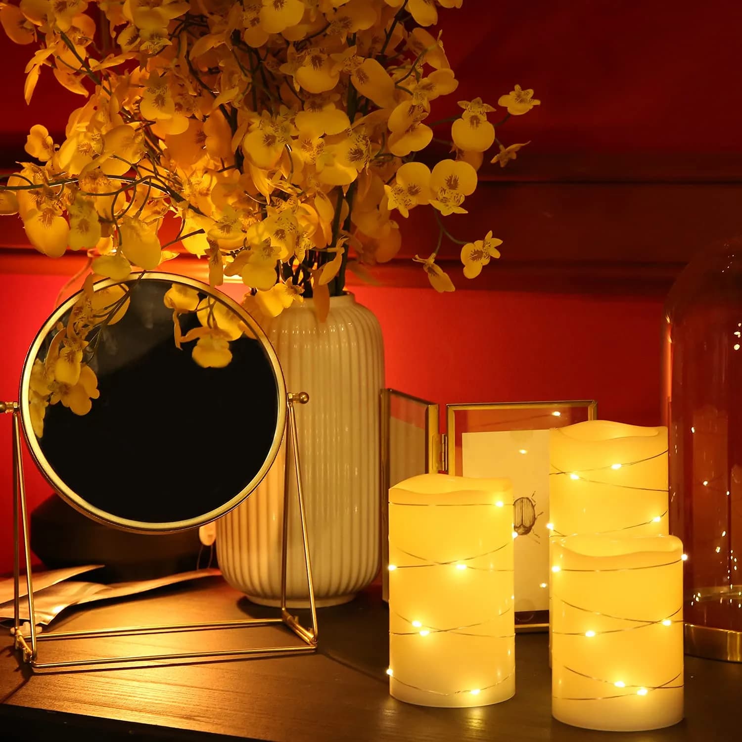 H-BLOSSOM Flickering Flameless Candles Set of 3 (3" x 4"/5"/6") Ivory Real Wax Pillar with Embedded String Lights - view 2