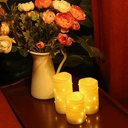 H-BLOSSOM Flickering Flameless Candles Set of 3 (3" x 4"/5"/6") Ivory Real Wax Pillar with Embedded String Lights thumbnail 3