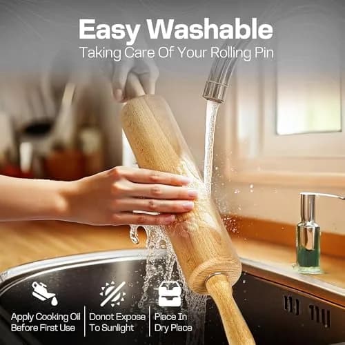 HELFERX Beech Wood Rolling Pin 44.7 cm (17.6 Inches) | Smooth Rolling for All Doughs thumbnail 5