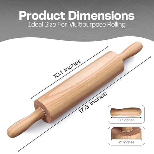 HELFERX Beech Wood Rolling Pin 44.7 cm (17.6 Inches) | Smooth Rolling for All Doughs thumbnail 2