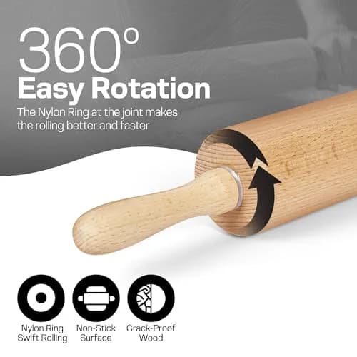 HELFERX Beech Wood Rolling Pin 44.7 cm (17.6 Inches) | Smooth Rolling for All Doughs thumbnail 3