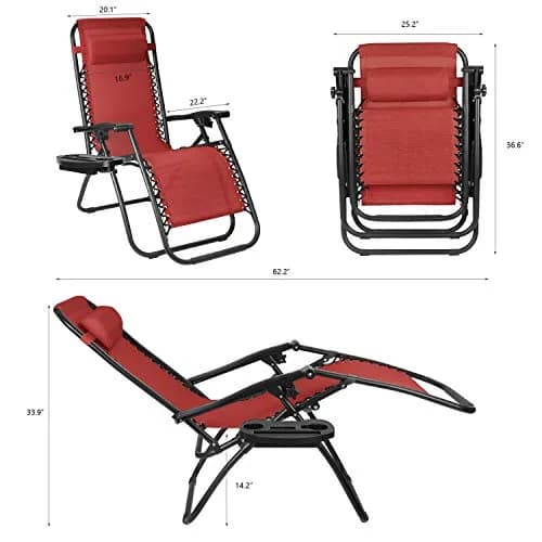 Flamaker Patio Zero Gravity Chair Outdoor Folding Lounge Chair Adjustable Lawn Lounge Chair with Pillow for Poolside Yard Camping (Red) thumbnail 7