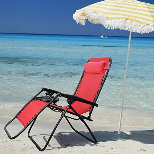 Flamaker Patio Zero Gravity Chair Outdoor Folding Lounge Chair Adjustable Lawn Lounge Chair with Pillow for Poolside Yard Camping (Red) thumbnail 2